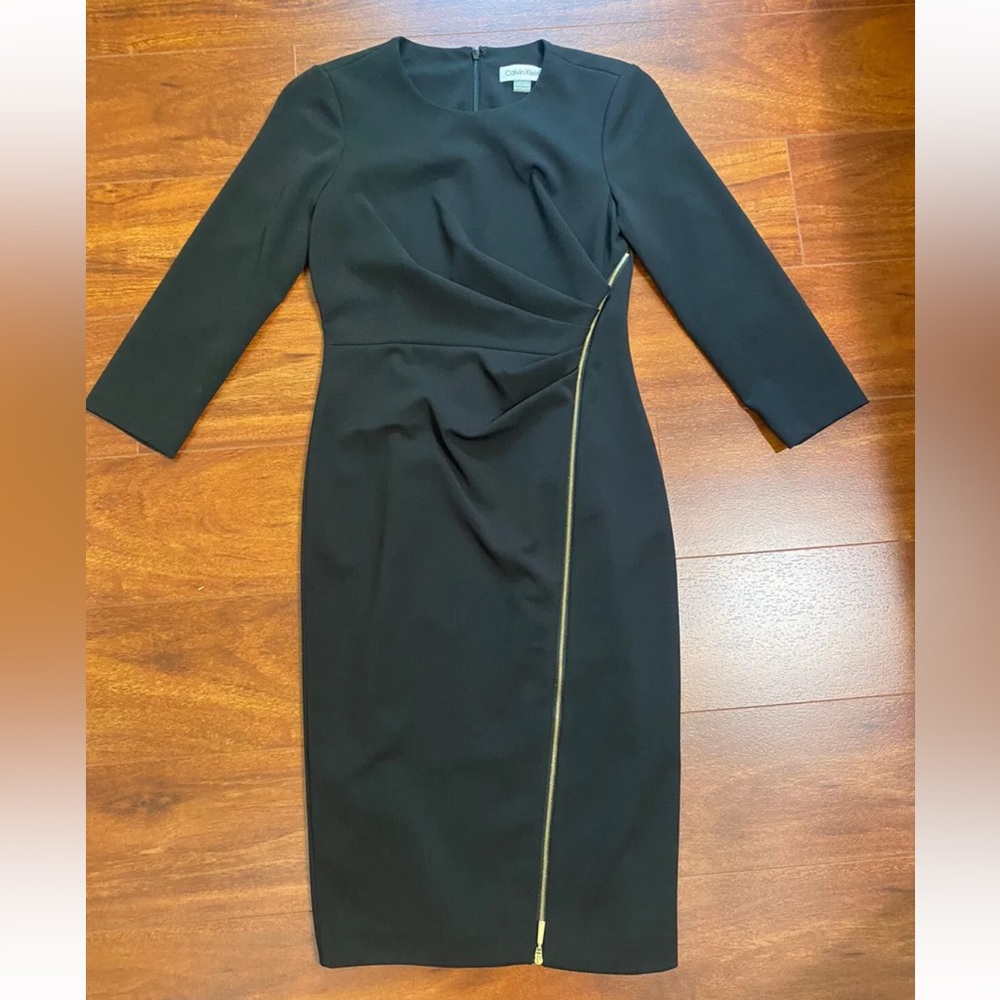 New Calvin Klein Ruched Pleated 3/4 Sleeve Sheath Midi Zip Dress Size 2P Black